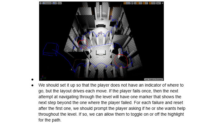 Temple traversal concept art with blue lines marking intended player paths and red markers at key points, annotated with a design note about layout-driven navigation.